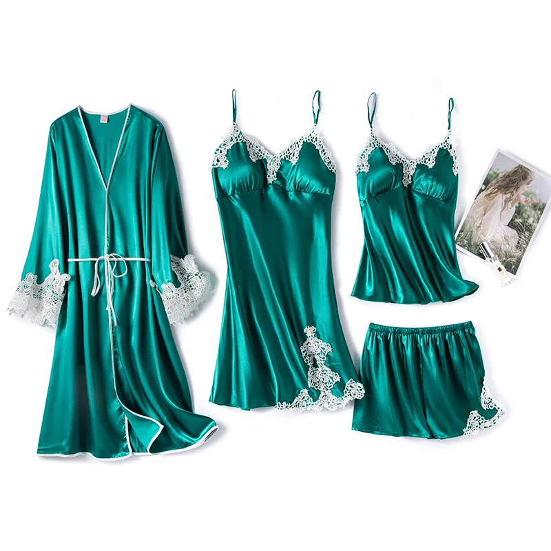 

Пижамный комплект женский Шелковый, комплект из 4 предметов, одежда для сна, Атласный топ на бретельках и штаны, ночная рубашка с нагрудными ...