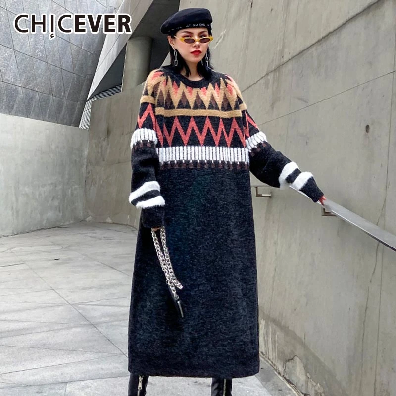 CHICEVER корейское хит цветное трикотажное платье для женщин с круглым вырезом