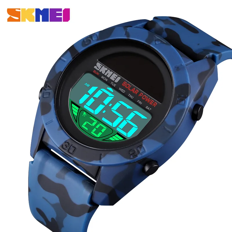 

SKMEI Creative Solar Power LED display Chrono Calendar 2 time Alarm Men Sport Watches 50m Waterproof Male Electronic Clock 1592