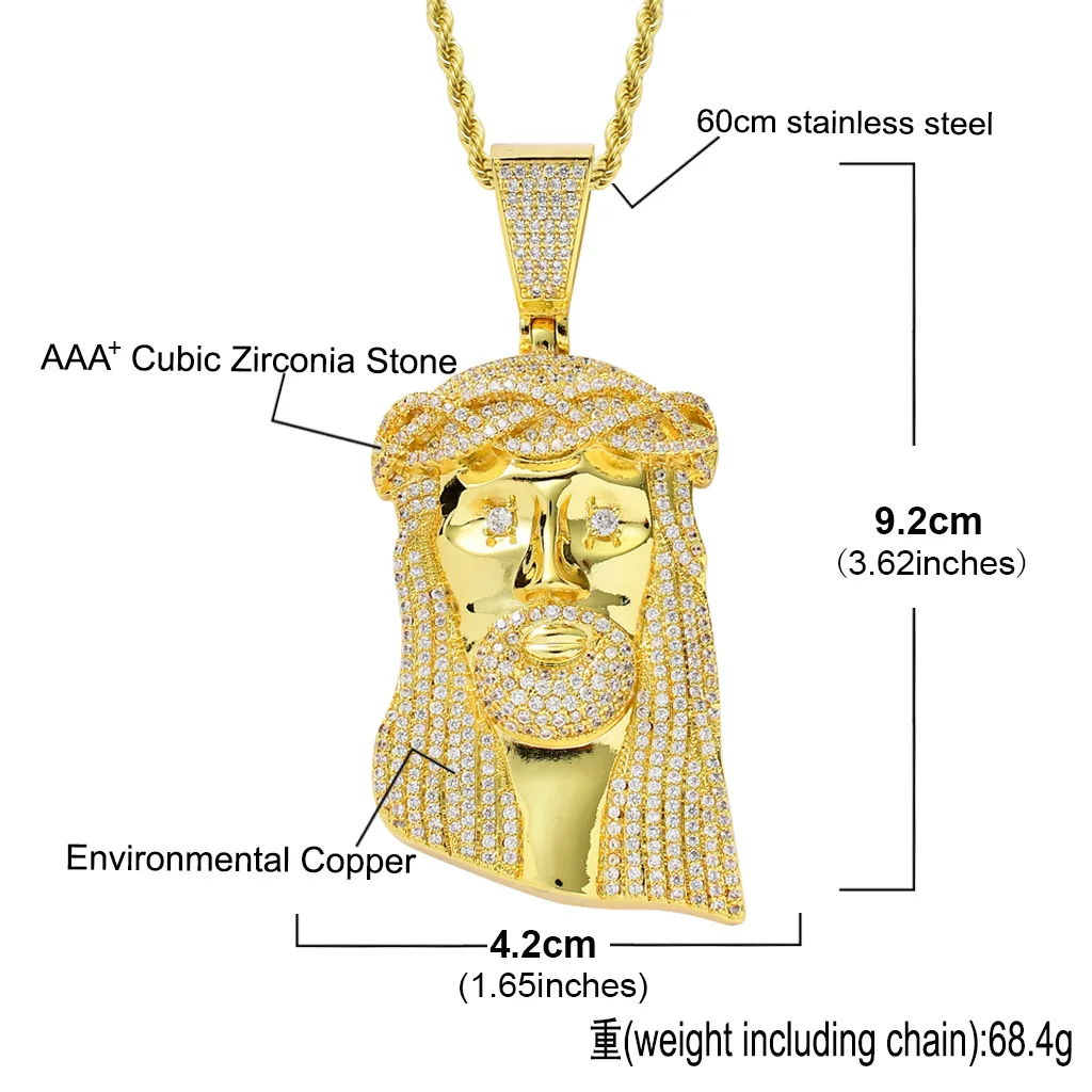 

MISSIVY New Big Jesus Necklace & Pendant With Rope Chain Gold Color Iced Out Cubic Zircon Men's Hip Hop Jewelry Gift Drop Ship