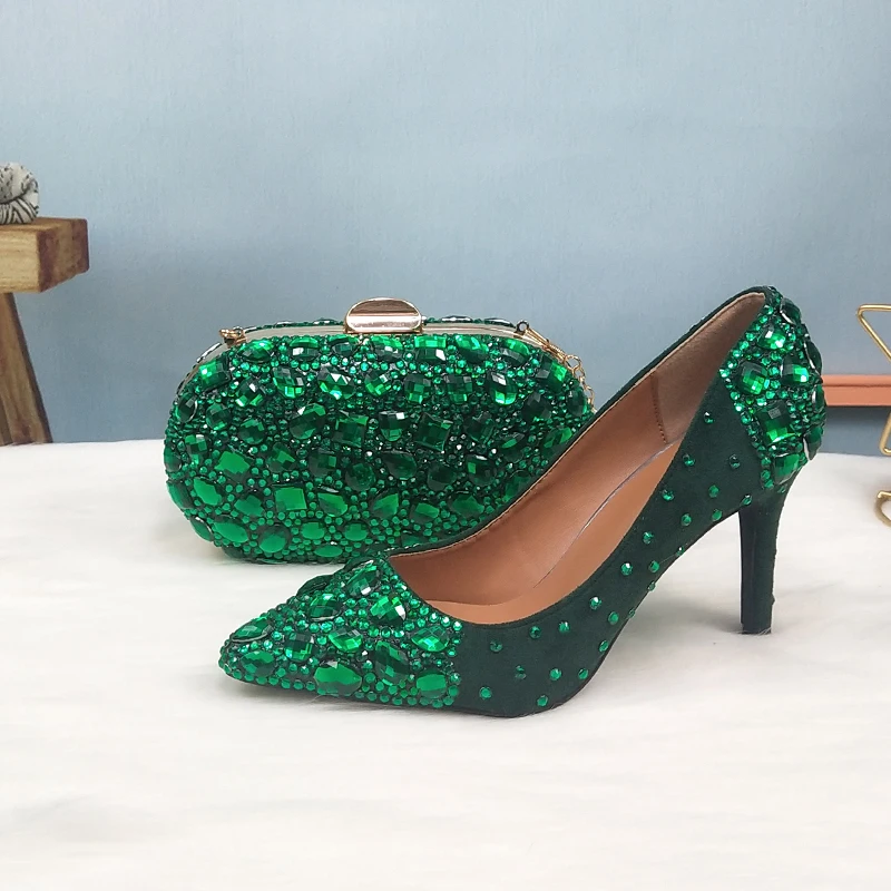 

BaoYaFang 2020 NEW ARRIVE Green Crystal Wedding shoes Woman Thin heel pointed toe Bridal Party dress shoe big size Shoes