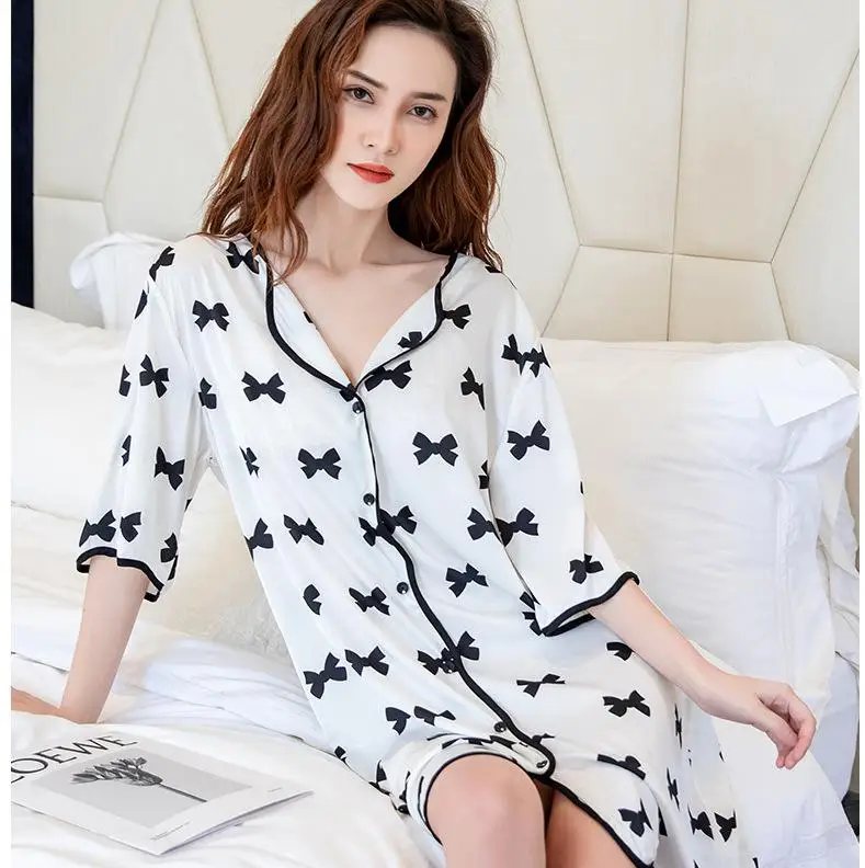 

Sexy Women Nightgown Casual Sleepwear Botton-down Nightdress Summer NEW Short Sleeve Satin Print Sleep Gown Intimate Lingerie