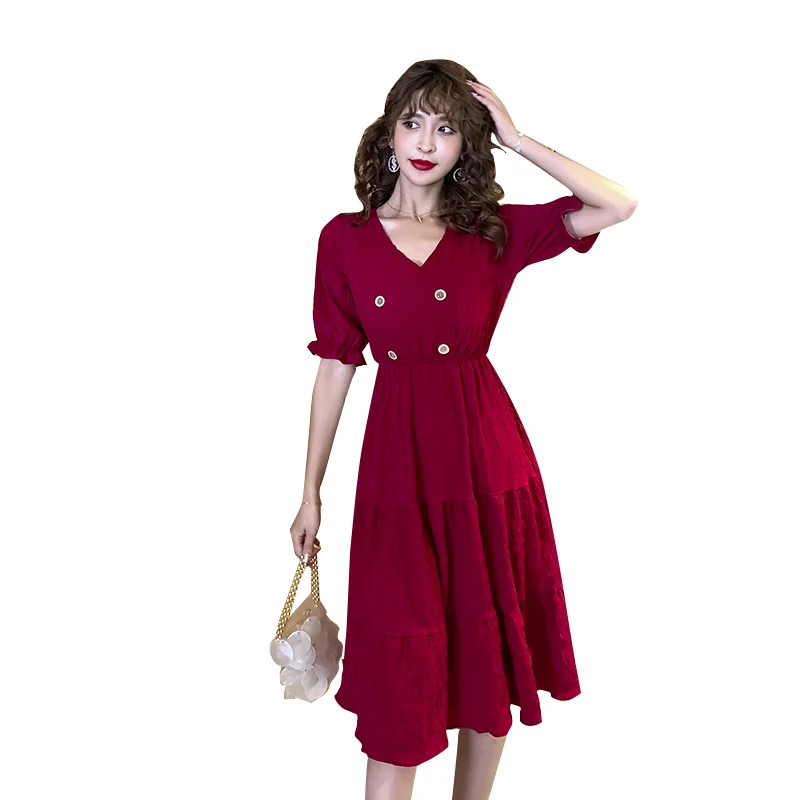 

COIGARSAM Fashion Women one-piece dress korean New Brief Pleated Stretch V-Neck Dresses Red Black 801