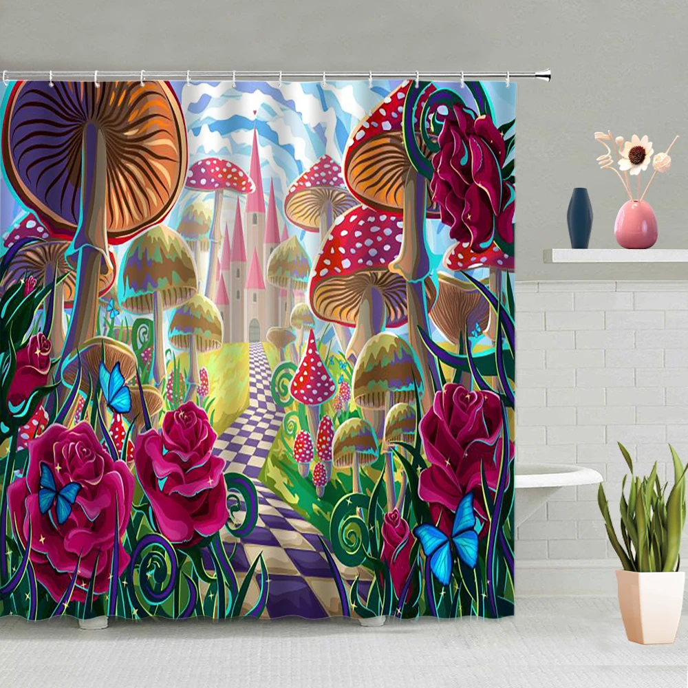 

Фантазийный гриб для душа, цветы, растения, замок, Бабочка, красный цветочный пейзаж, декор для ванны, Висячие шторы на экран