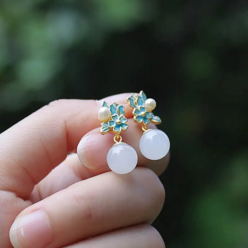 

[Jingwei] Natural Hetian Jade Earrings 925 Silver Carved Pearl Antique and Ethnic Style Female Earrings Ear Studs Earrings
