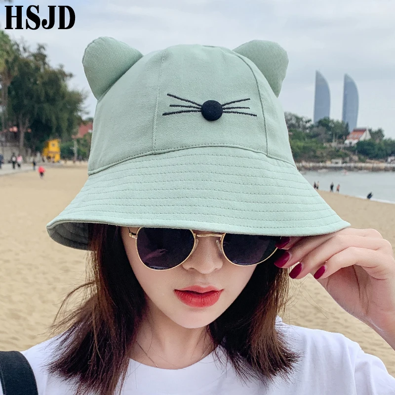 Шляпа от солнца Женская хлопковая складная с широкими полями Мультяшные кошачьи