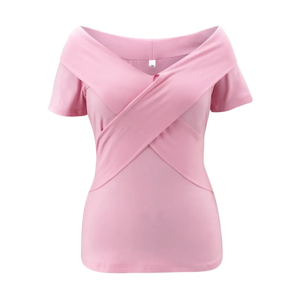 

IZALEWIS Sexy Women V-neck Criss-Cross Pullover Off-shoulder Lapel Slimming Casual Short-sleeved Top England Style Solid 2021