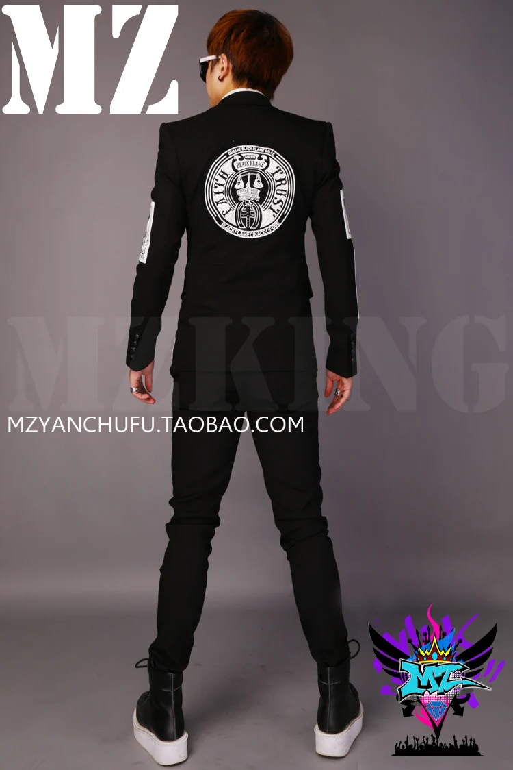 

2020 Men Custom Made New Host Dancer singer male DJ black Banner printing suit costume Blazer Set (Blazer+Pants)