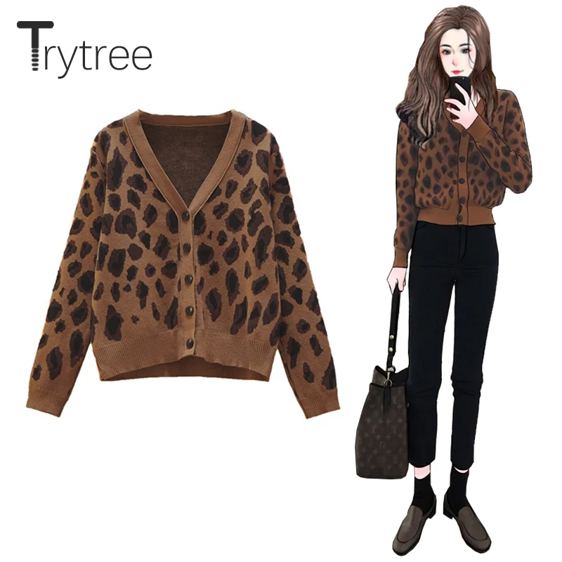

Trytree 2020 Autumn Woman Casual Sweater Leopard V-neck Single Breasted Cardigan Women High Street Sweater Short Knitted Coat