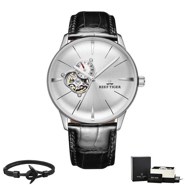 Reef Tiger бренд Tourbillon черный циферблат водонепроницаемые автоматические часы Топ Механические Роскошный кожаный ремешок мужские часы reloj hombre - Цвет: GA8239-YWB Box Gift