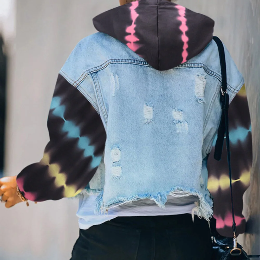 

Women Denim Jacket Streetwear Hip Hop Women's Hooded Jean Jackets PatchworkCasual Loose Outerwear 2020 Spring Fashion Slim Coat