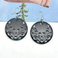 vintage navy color hollow round acrylic fish hook earrings for women laser carved ear jewelry