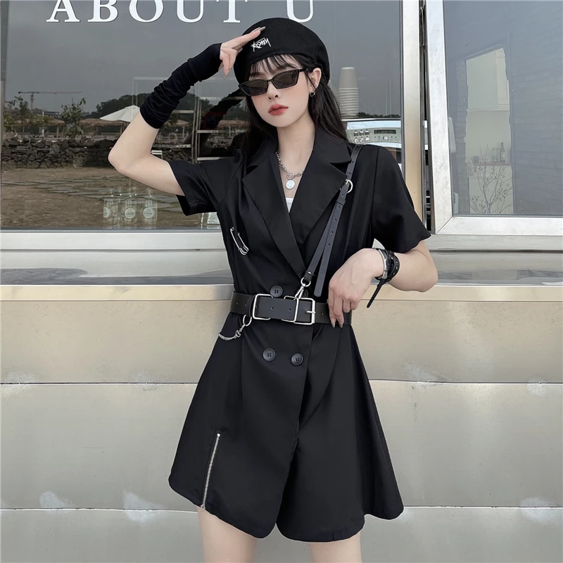 

Summer Double Breasted Zipper Cross V Neck Dresses Black Cool Punk Street Lady Dress Short Sleeve Gothic PU Belt Harajuku Cloth