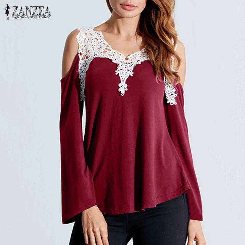 Фото Женская блузка с открытыми плечами ZANZEA кружевная v-образным вырезом Повседневная