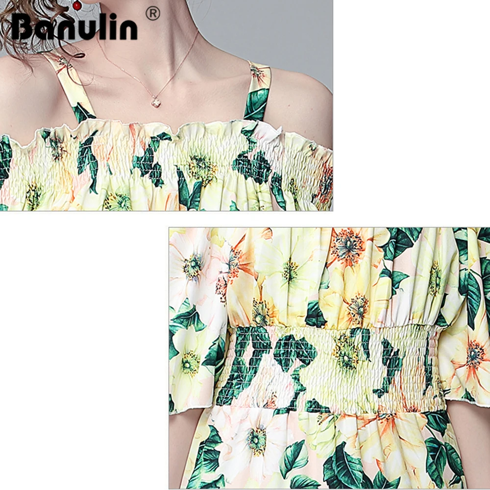

2021 Runway Summer Sexy Spaghetti Strap Midi Dress Women's Slash Neck Off Shoulder Camellia Flower Print Ruffles Beach Dresses