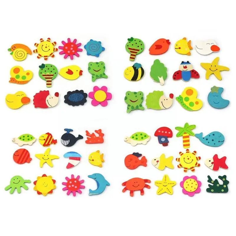 

12Pcs/Set Random Color Cute Fridge Magnet Wooden Cartoon Decor Toys Kids Shape Home For Baby Educational H3P4