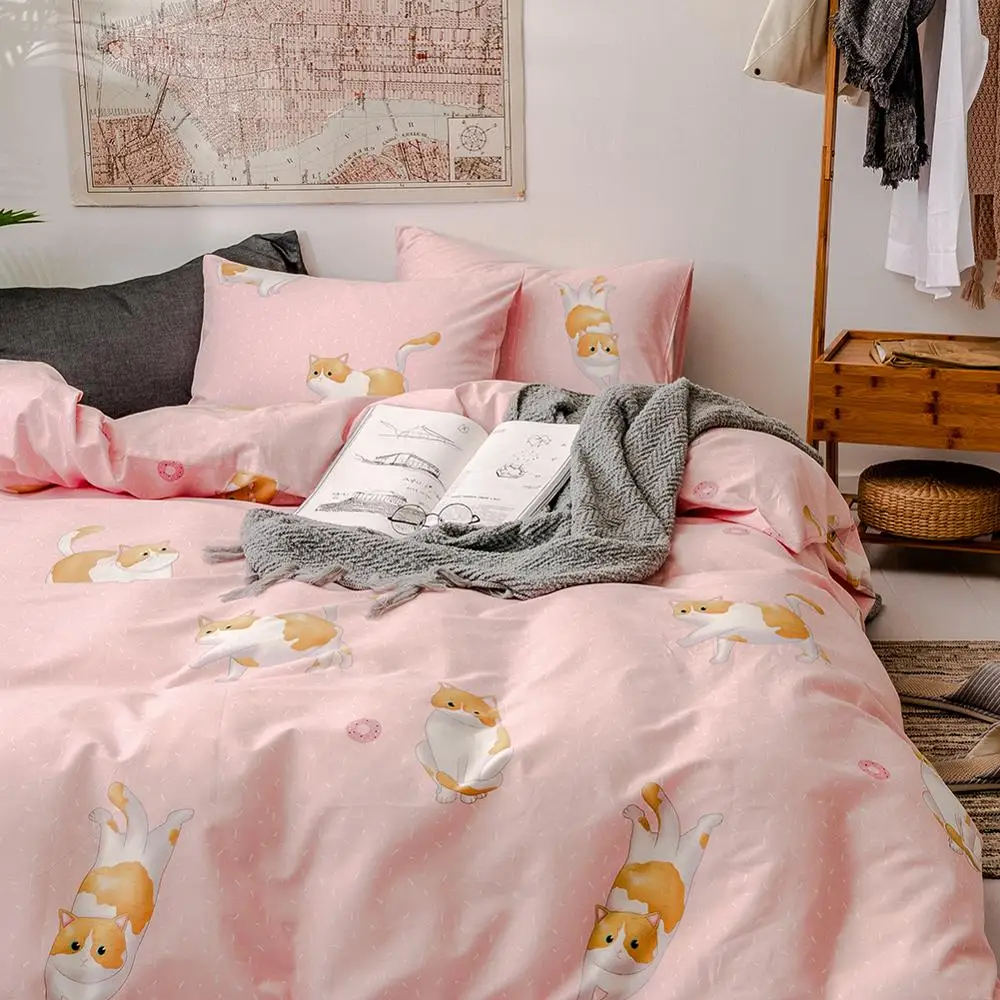 Постельные принадлежности персикового и розового цвета с принтом кота 100% хлопок