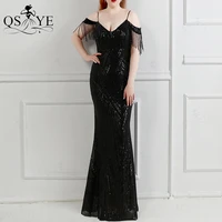 black evening dresses beading side sleeves prom gown shoulder straps sequin formal party gown mermaid plus sizewomen black dress
