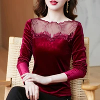 velvet hollow bottoming blouse women long sleeve mesh women shirts blouses red womens tops and blouses blusas de mujer