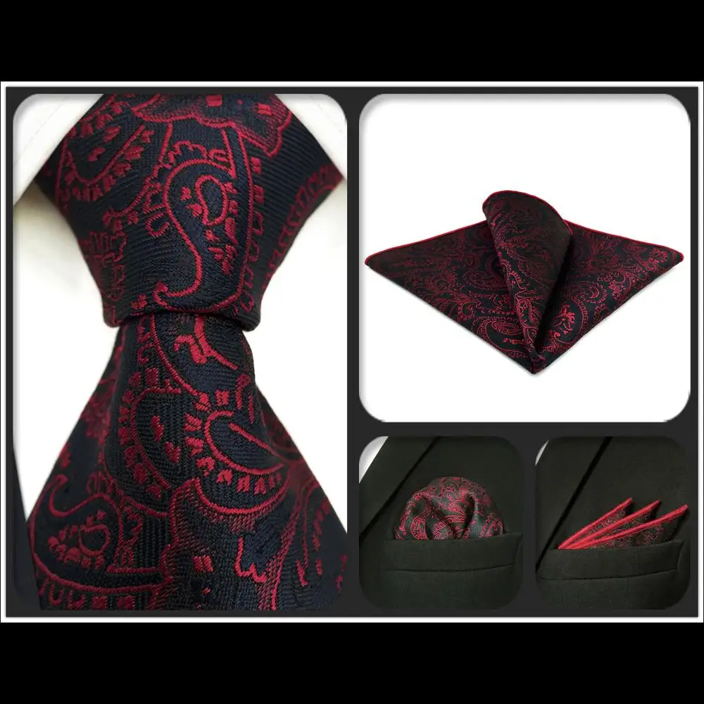 

G15 Black Red Paisley Mens Neckties Set Silk Classic Wedding Ties for Extra Long Size Party Fashion Hanky