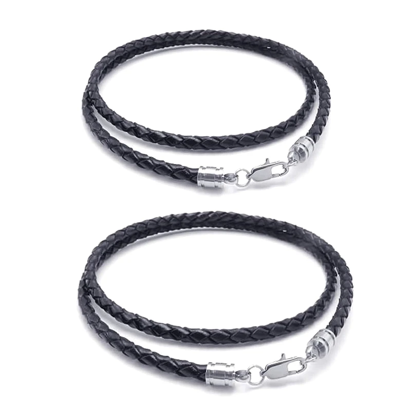 2 Pcs Jewelry Men's Necklace - 3Mm Cord Leather Stainless Steel For Men Color Black Silver With Gift Bag 60Cm &amp 75Cm | Украшения и