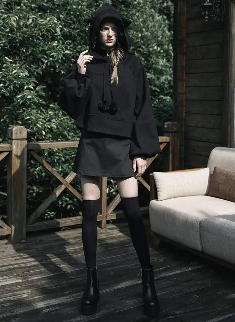 Панк рейв женские готические кошачьи уши помпоны с пышными рукавами толстовки