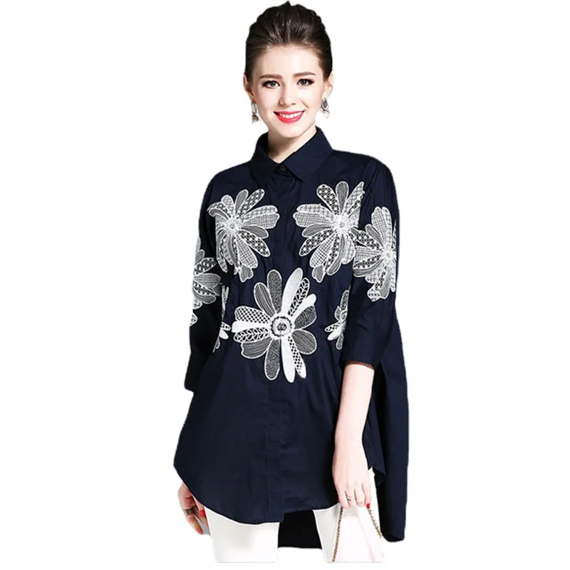 

2021 cotton and linen new heavy industry embroidery flowers loose large size three-quarter sleeve casual irregular shirt