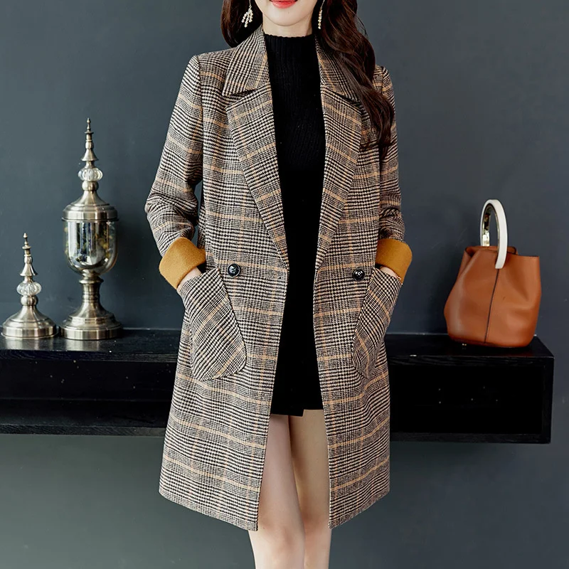 

Spring Autumn 2021 Design New Fashion Plaid Wool Blends Coat Office Lady Casual Slim Long Blazer Outerwear Overcoat