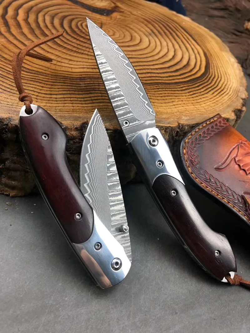 Тактический складной нож из дамасской стали с фиксированным лезвием и