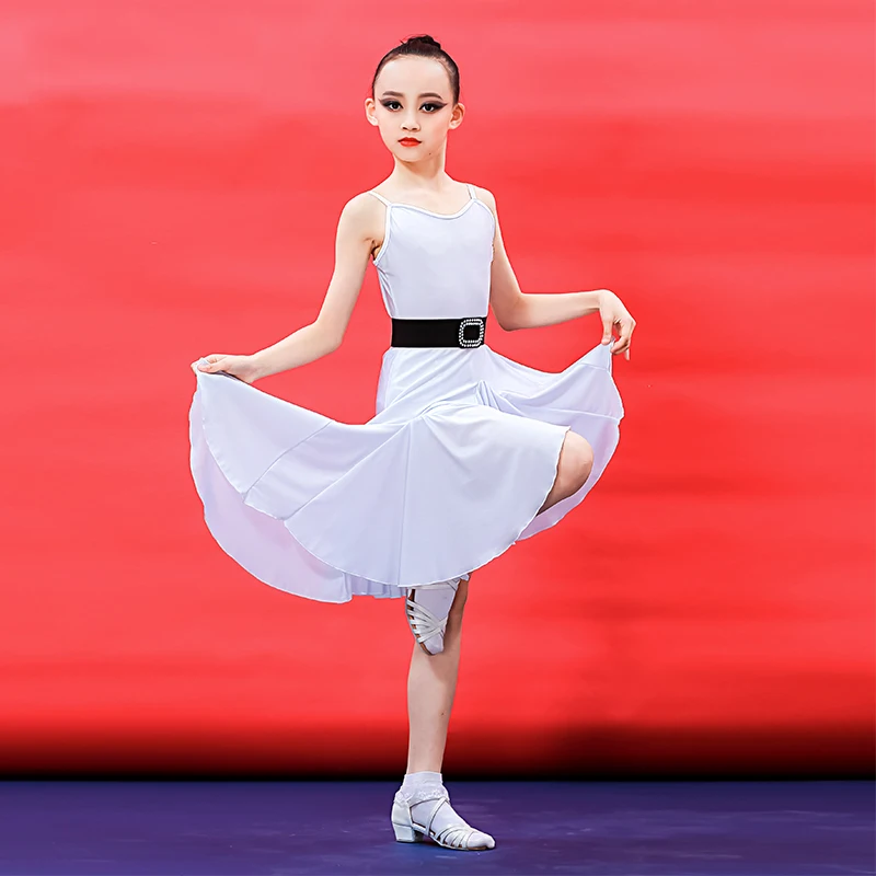 

High-Quality Latin Dance Dress Children's White Sling Big Swing Skirt Girls Standard Ballroom Samba Dance Practice Dress DWY3424