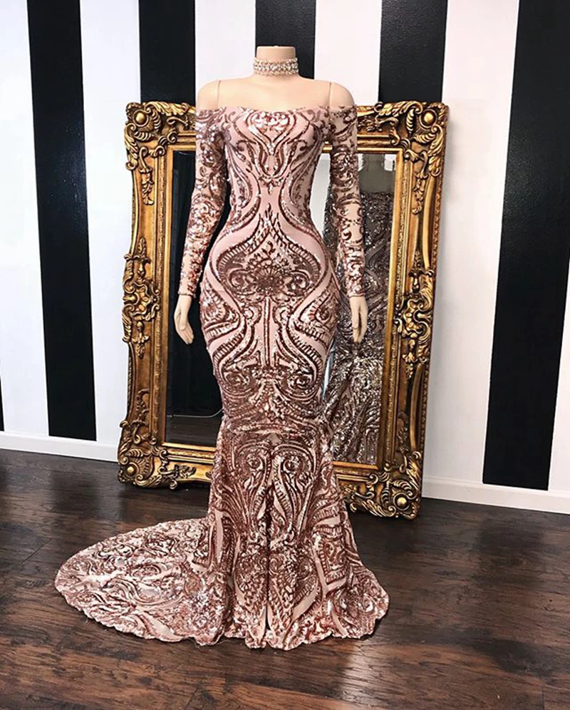 

Prom Dresses 2020 Mermaid Boat Neck Long Sleeve Sequined Floor Length African Black Girl Evening Dress Plus Size For Women