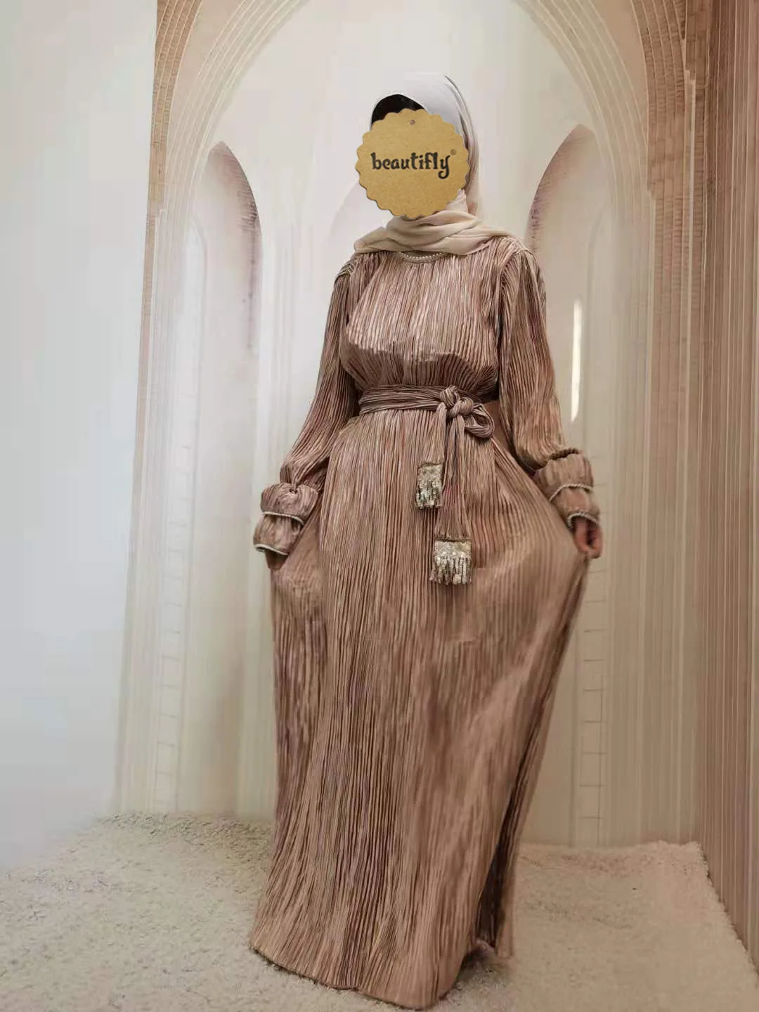 Eid Djellaba Abaya Дубай полная длина Плиссированное мусульманское платье женское мусульманское платье мусульманская абайя с поясом WY58