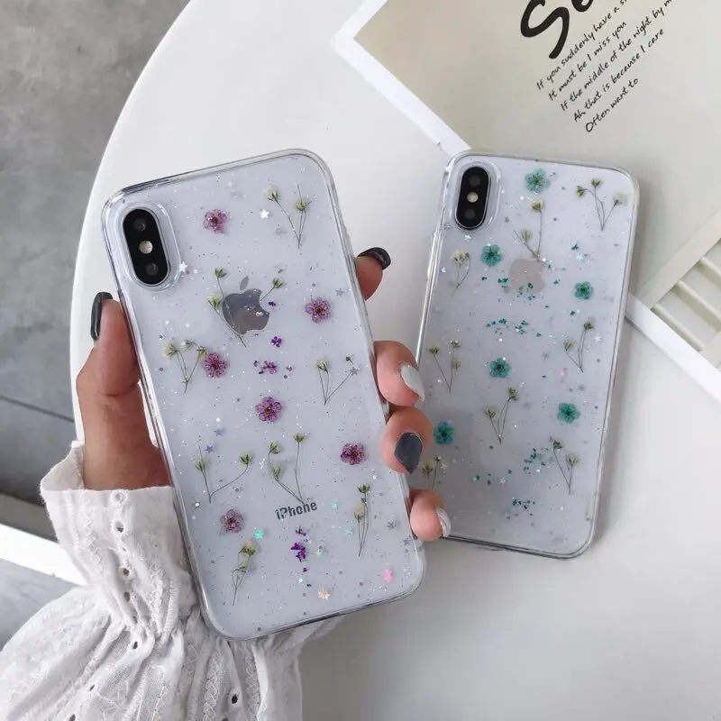 For iPhone 11 Pro Max Dried Real Flower Handmade Clear Pressed Case 6S 7 8 Plus X XS XR SE 2020 Soft Cover | Мобильные телефоны и