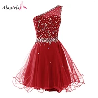 one shoulder homecoming dress 2020 dark red mini crystals beaded tulle short girl gown prom dress mini party dress