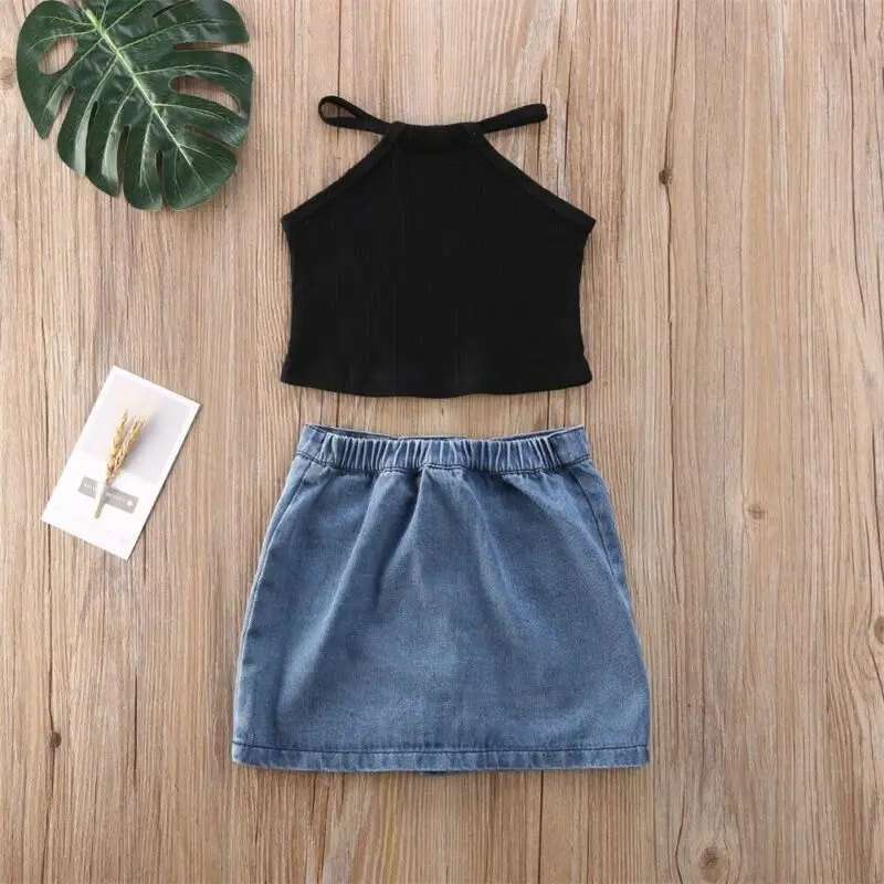 Citgeett Summer 1-6Years Toddler Kids Baby Girl 2PCS Outfits Vest Black Top Tank Denim Skirts Dress Set | Детская одежда и обувь