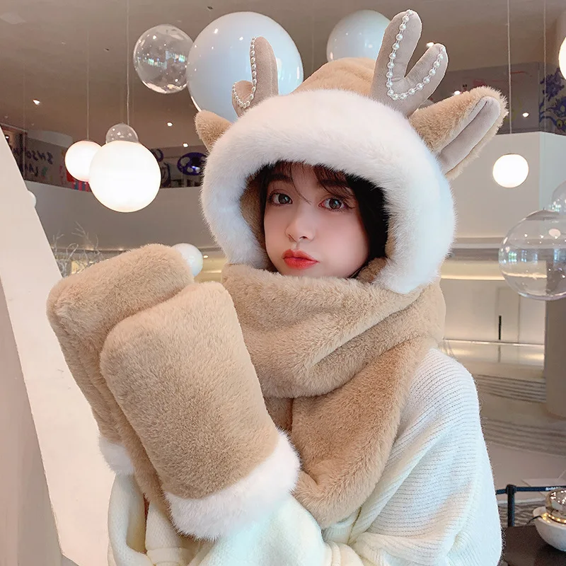 

Шапка женская осенне-зимняя Рождественские оленьи Красивые Зимние перчатки плюшевый шарф-тройка интегрированная теплая