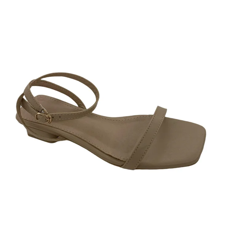 

Low Sandals Woman Leather Square Toe Female Shoe 2021 Summer All-Match Block Heels Low-heeled Comfort Open Girls Fashion Beige N