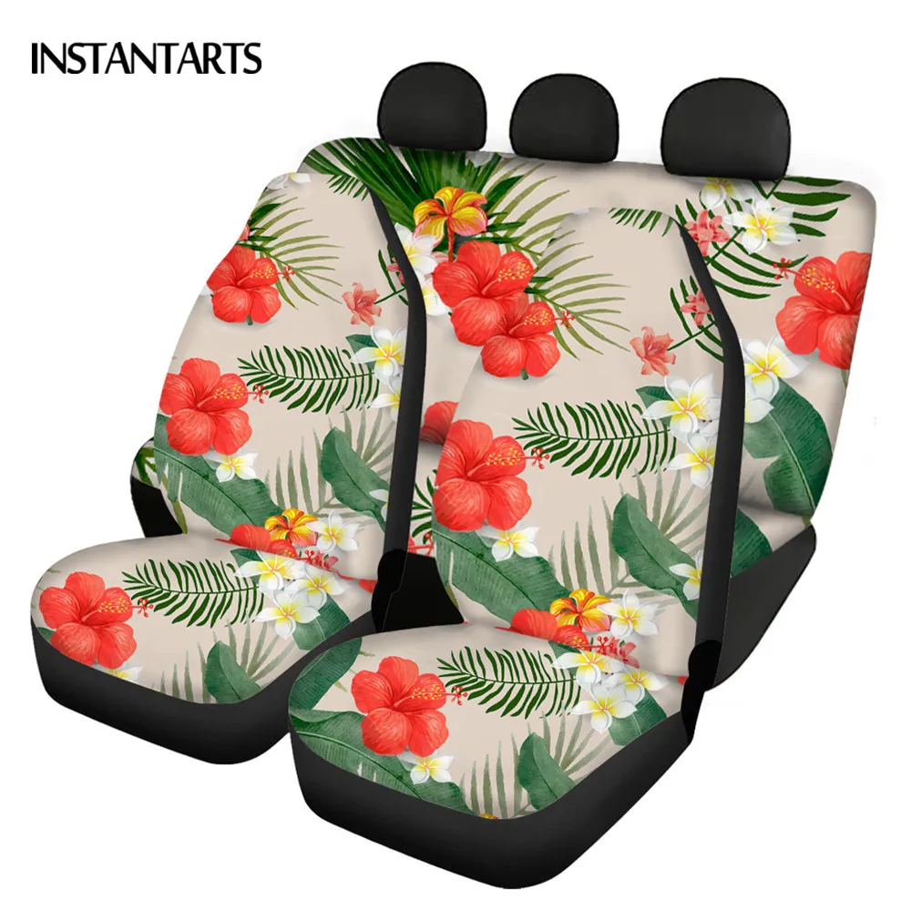 

INSTANTARTS Tropical Oil Palm Leaf Hibiscus Flower Design Front and Back Automobile Seats Protector Heavy-Duty Car Seatr Cover