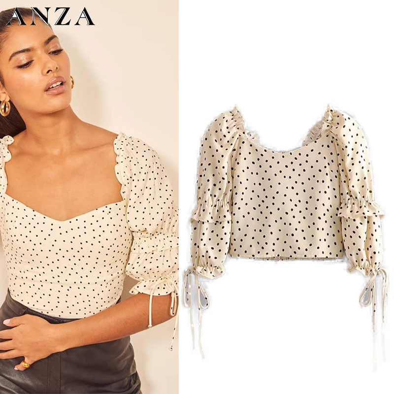 Женская блузка Za новинка 2020 уличная мода принт в горошек половина рукава с