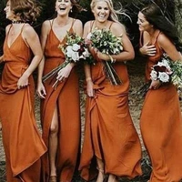 2022 cheap spaghetti straps simple popular a line v neck orange fall bridesmaid dresses with split