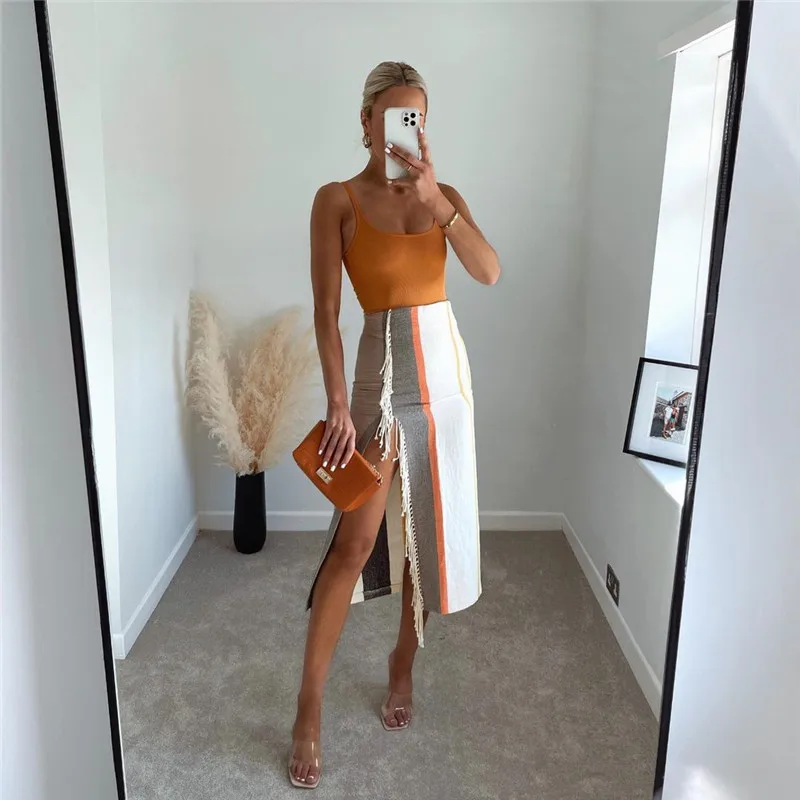 

Женская длинная юбка в полоску Za, летняя модная юбка средней длины с высокой талией и оборками, модель 2021