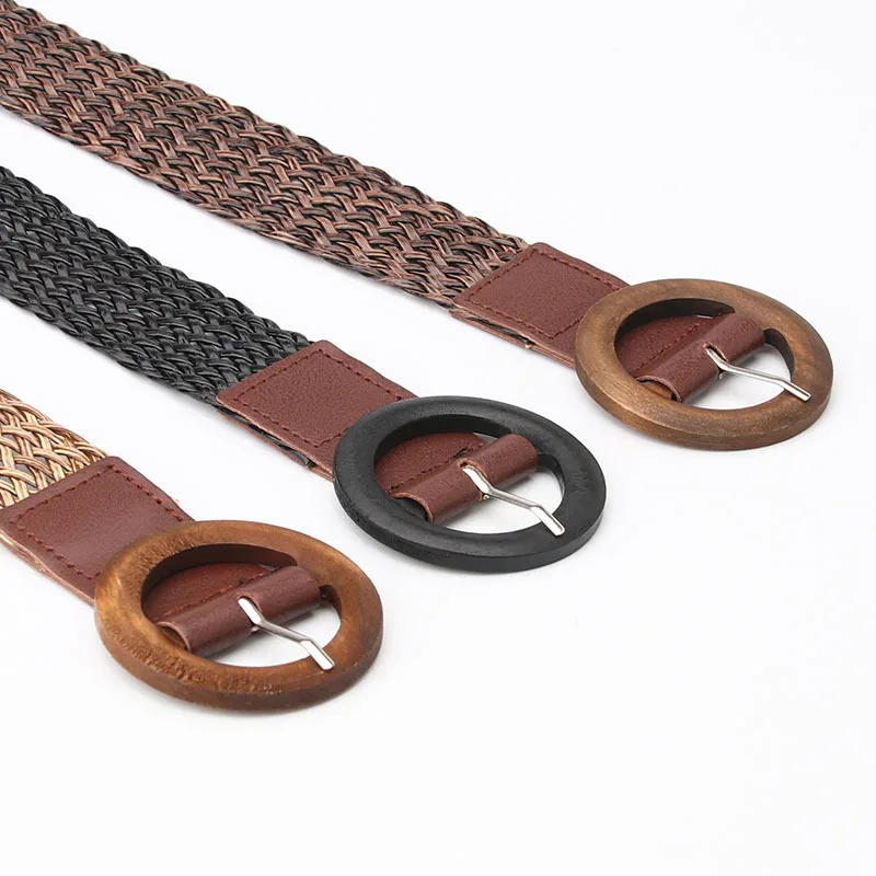 

Boho Braided Waist Belt Black Coffee Round Wooden Smooth Buckle Fake Straw Wide Belts For Women