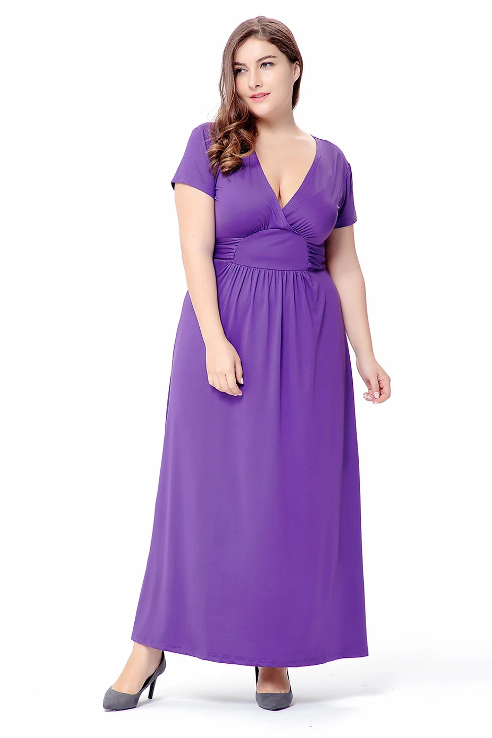 

2021 Dress Plus Size Women'S Summer Solid Color Waist Short-Sleeved Sexy New V-Neck Long Skirt Beach Holiday Wear