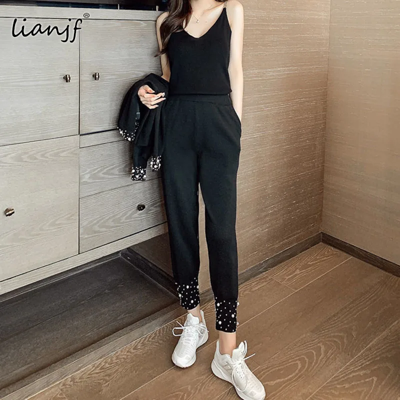 

Женский трикотажный костюм-тройка, повседневный жилет с цепочкой и жемчужинами и эластичные брюки, осенний костюм