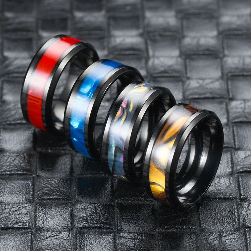 

8mm Black Stainless Steel Ring for Men Women Shell Inlaid Creative Fashion Couple Rings Jewelry Size 6 7 8 9 10 11 12 13