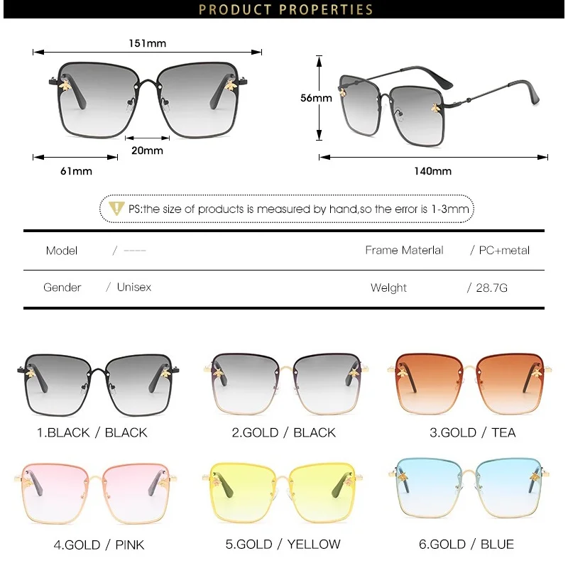 

Rimless Bee Sunglasses 2020 Women Luxury Brand Female Sunglass Small Bee Square Oversize Sun glasses Woman oculos de sol UV400