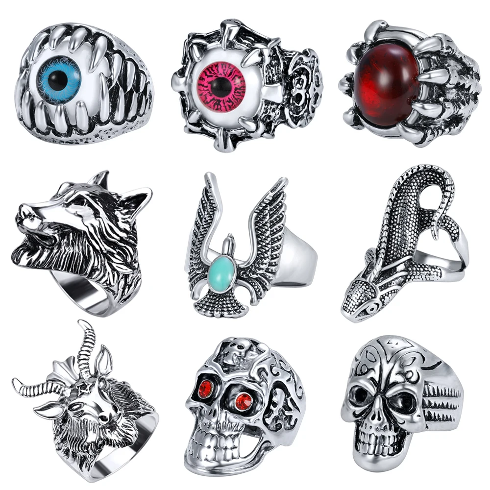 

ZS Gothic Punk Ring Men Retro Wolf Skull Rings Skeleton Devil Evil Eye Animal Biker Hip Hop Male Ring Jewelry Accessories