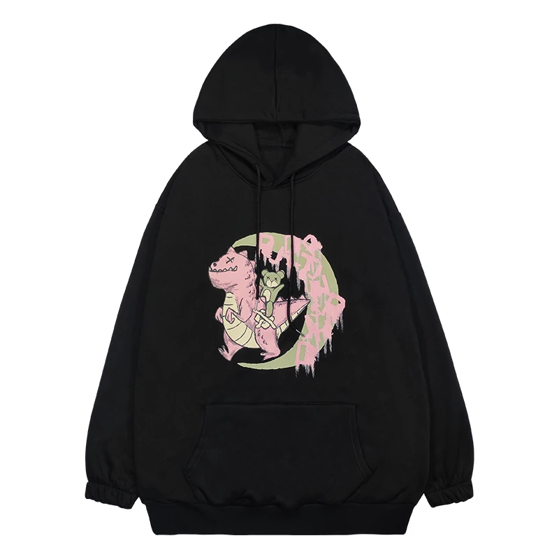 

Толстовка в стиле Харадзюку, уличная одежда в стиле Ins, свитшот с мультяшным принтом динозавра, флисовый Свободный пуловер с капюшоном в сти...