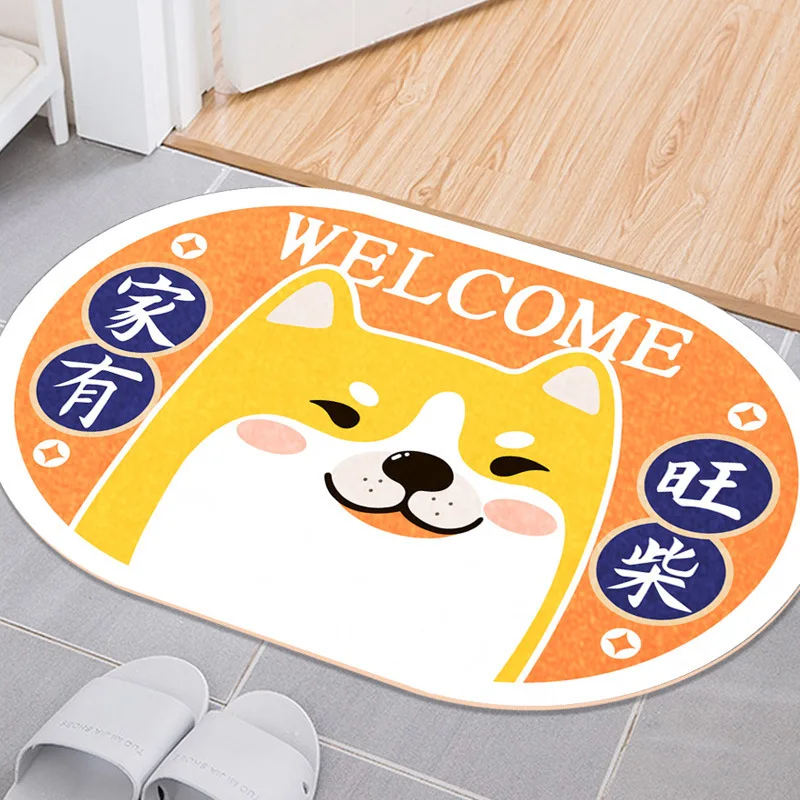

New Cartoon Animal Cat Printing Doormat Cute Shiba Inu Dog Bathroom Kitchen Floor Mat 3D Oval Carpet Home Bedroom Anti-skid Rug
