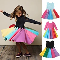 2021 new fashion spring summer rainbow long sleeve cotton color block cute baby girl party dresses for kids princess girls dress